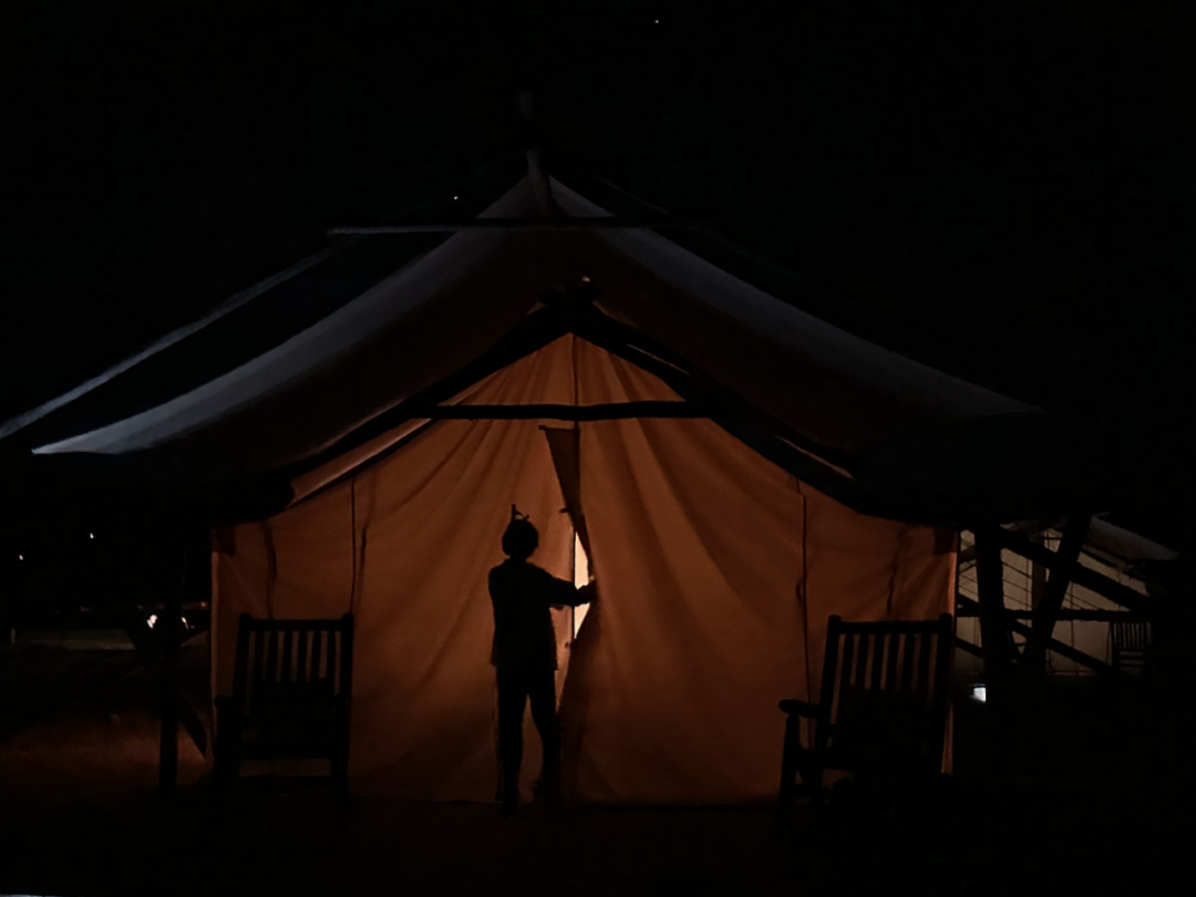 Glamping tent at night